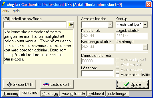 09-09-25 n 4 4 (7) 2.2. Fliken Kortrutiner Under denna flik kan minneskort laddas utan att tömmas först. En funktion som mest är avsedd för att ladda upp nya kort. OBS!