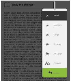 Zooma in/ut Du behöver använda zoom funktionen för att förstora bilder som finns i ebook (epub, pdf, txt filer). Från storlek menyn välj [Förstora]. Zoom menyn öppnas.