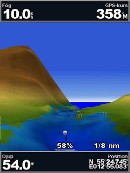 Använda sjökort Använda Mariner s Eye 3D Ett BlueChart g2 Vision SD-kort innehåller Mariner s Eye 3D, en detaljerad tredimensionell vy över och bakom båten (baserat på din kurs) som ett visuellt
