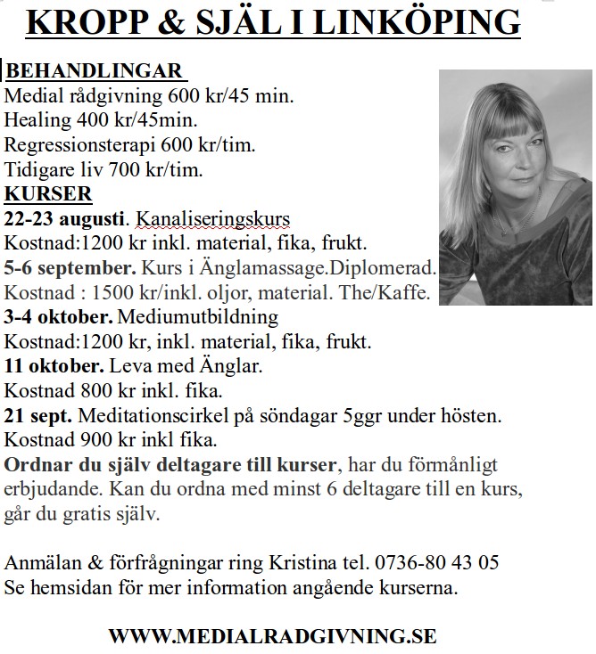 Skriv medlem Hösten 2014 och betala in 100kr. Medlem 2015 och betala in 200kr PG: 882115-9 Nu startar Ljusgården en serie kurser i mediumskap.