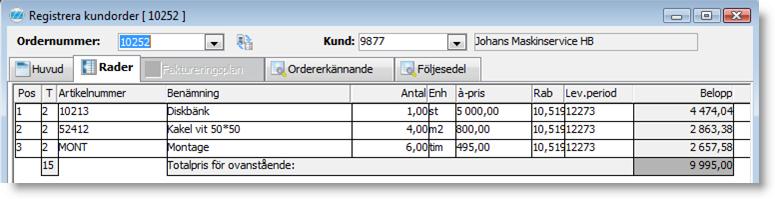 Utgåva 2 8(21) Nu finns en ny systeminställning "Visa enbart totalpris på offert/kundorder/faktura" under Order / Offert på fliken Försäljning i Systeminställningar.