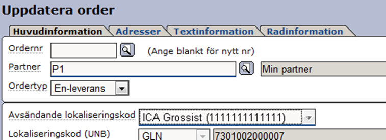 för manuell order. Notera att Leverantör-adressen på ordern kommer föreslås ha samma GLN när ordern sparats.