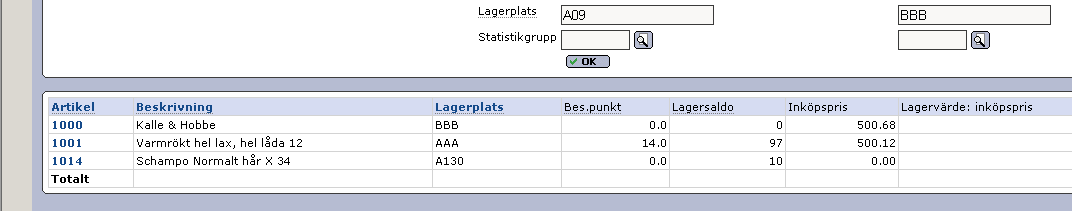 Urval med Lagerplats i lista Lagersaldo Möjlighet finns nu att göra urval på fältet Lagerplats from/tom i rutinen Lista artiklar.