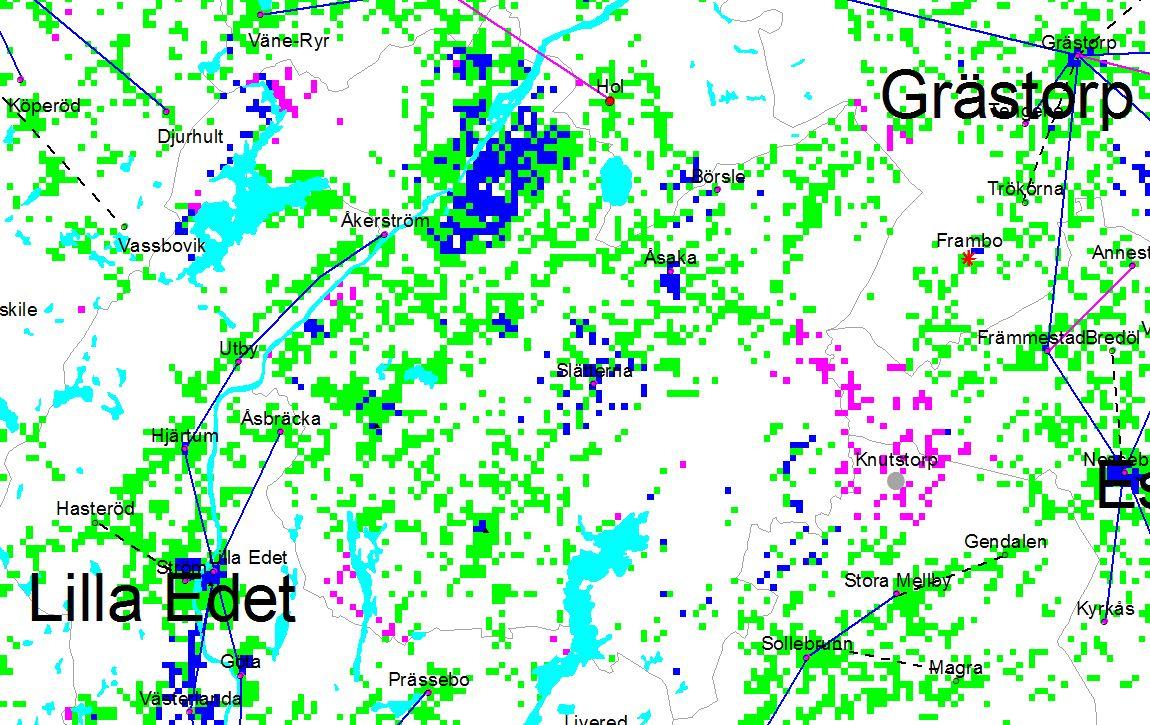 Trollhättan KARTAN OVAN VISAR BEFINTLIG IT-STRUKTUR I TROLLHÄTTANS KOMMUN OCH ANGRÄNSANDE OMRÅDEN. FIBER OCH XDSL BYGGER PÅ KABEL MEDAN CDMA OCH HSPA ÄR MOBILA TEKNIKER.