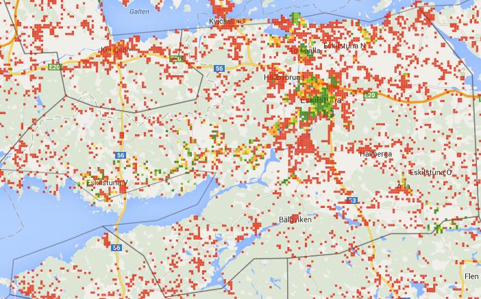 5.3 Eskilstuna 5.3.1 100 Mbit/s täckning Figur 11 Täckningskarta över tillgång till 100
