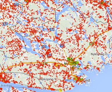 5.7 Nyköping 5.7.1 100 Mbit/s täckning Figur 31 Täckningskarta över tillgång till 100