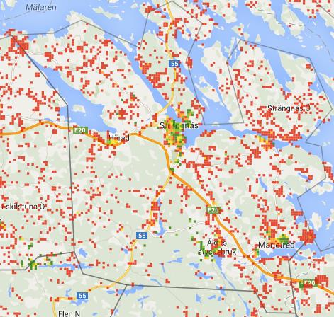 5.9 Strängnäs 5.9.1 100 Mbit/s täckning Figur 41 Täckningskarta över tillgång till