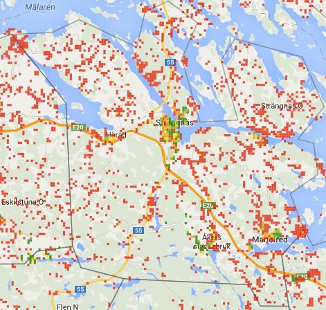 5.9 Strängnäs 5.9.1 100 Mbit/s täckning Figur 41 Täckningskarta över tillgång till