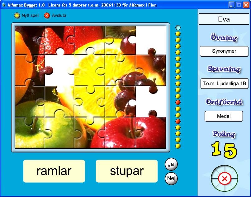 Två ord visas på skärmen. Du ska avgöra om orden passar ihop. Svara med tangent eller musklick. Vid rätt svar får du en bit av en bild och 1 poäng. Resultatet kan sparas.