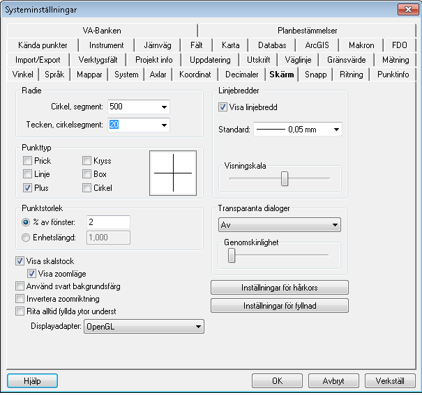 Topocad 14 manual Skärm Arkiv Inställningar Systeminställningar - Skärm Under skärm ställer du dels in hur ritade vinklar ritas ut på skärmen och hur enstaka punkter markeras.