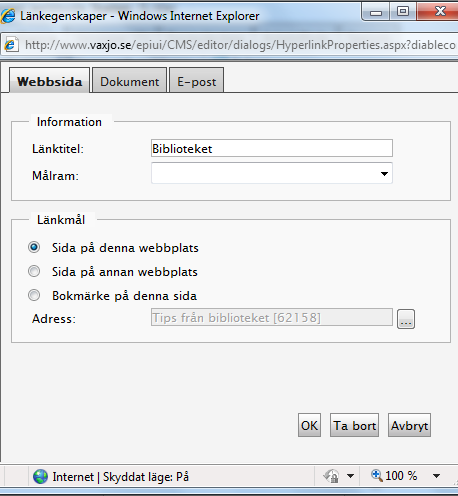 Länk till sida i EPiServer Du kan välja att länka till en sida på din egen webbplats, alltså en sida som finns i EPiServer. 1. Markera det ord som skall bilda länk. 2. Välj Infoga/redigera länk. 3.