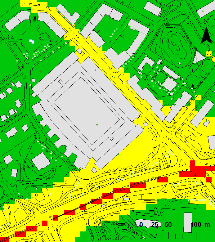 Resultat PM10-halter för nuläget år 2010 Figur 3 visar beräknad medelhalt av partiklar, PM10 under det 36:e värsta dygnet för nuläget år 2010.