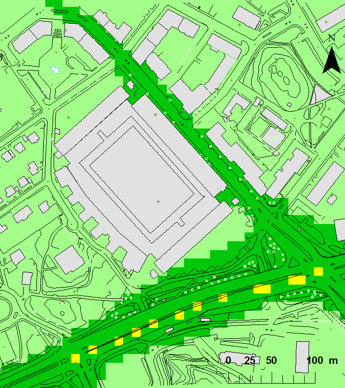 Halter av kvävedioxid, NO 2 för nuläget år 2010 Figur 5 visar beräknad medelhalt av kvävedioxid, NO 2 under det 8:e värsta dygnet för nuläget år 2010.