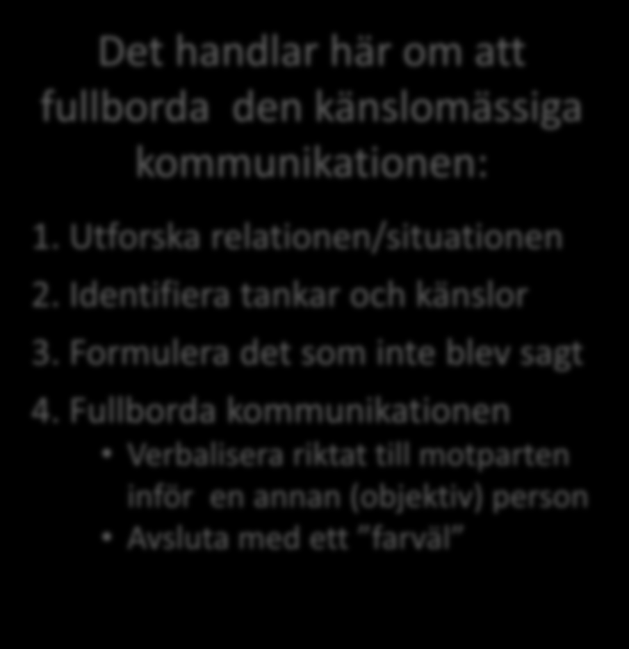 Tiden läker inte automatiskt såren utan det är vad vi gör UNDER tiden som är avgörande Förlusten behöver bearbetas Det handlar här om att fullborda den känslomässiga kommunikationen: 1.