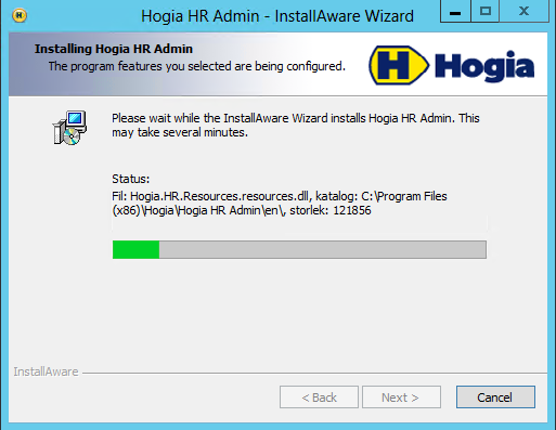Hogia HR Webb produkter 14.2 9 (37) Klicka på Next för att gå vidare i installationen, Back för att gå tillbaka till föregående sida eller Cancel för att avbryta installationen.