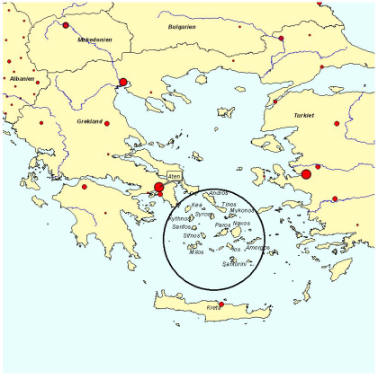 Figur 14. Kykladerna i Grekland De fysiska förhållandena i form av höga berg, branta stup och en mycket varierad kustlinje medför svårigheter vid utveckling.