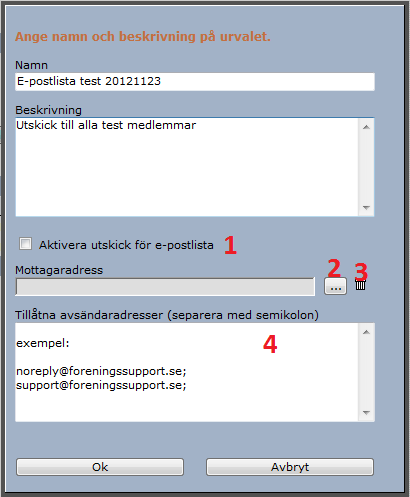 Konfigurering och uppsättning av en e-postlista För att sätta upp ett utskick måste man först skapa och sedan spara ett urval.