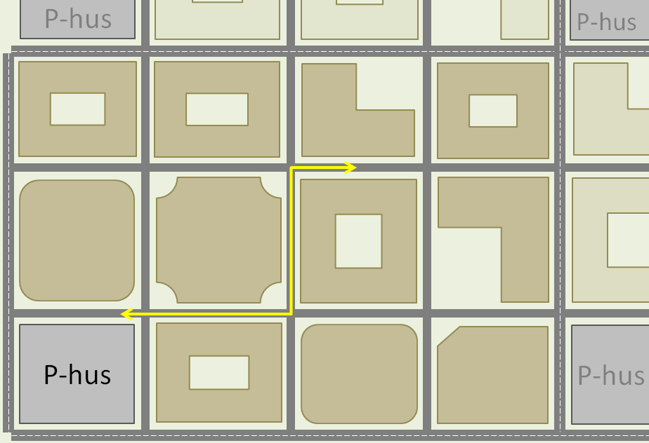 11.1 Utformning och lokalisering av parkeringshus Ett exempel på hur ett parkeringshus kan placeras i ett storkvarter kan ses i figur 12.