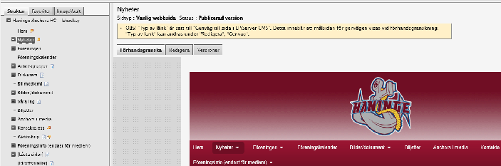 Strukturträdet Den sidan som är markerad i strukturträdet är den som syns i fönstret till höger.