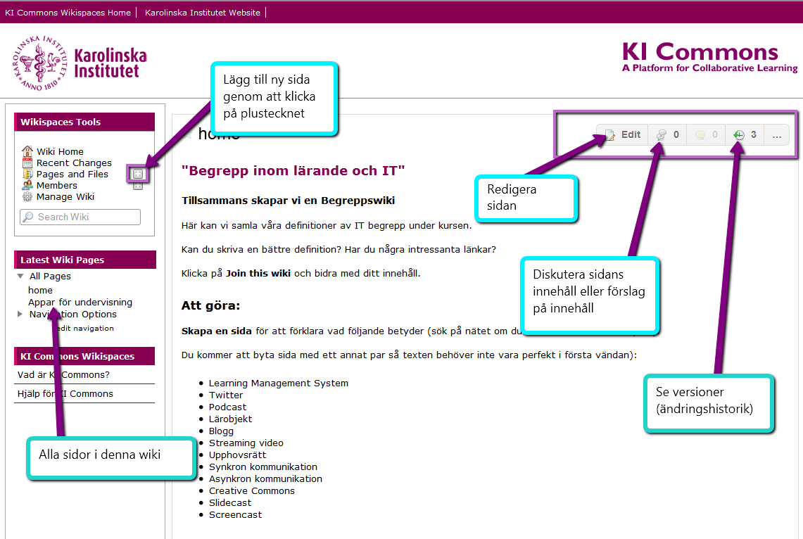 3 3. Du får upp sidan i redigeringsläge. Skriv in rubriken tex Projektgrupp 1 och därefter klicka på knappen Save. Sidan har nu skapats. Den syns nu i vänstermenyn.