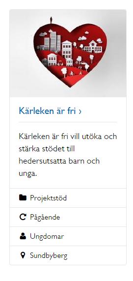 Sammanfattningen visas i projektpuffar på flera olika ställen på webbplatsen: som relaterat projekt på projektsidorna i sökresultatet som aktuellt projekt på startsidan Därför finns projektet Här ska