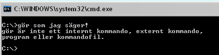 Du ser nu information om operativsystemet. För att kommandotolken skall kunna tolka, förstå och utföra de kommandon som du ger den så krävs det att du skriver dem grammatiskt rätt.