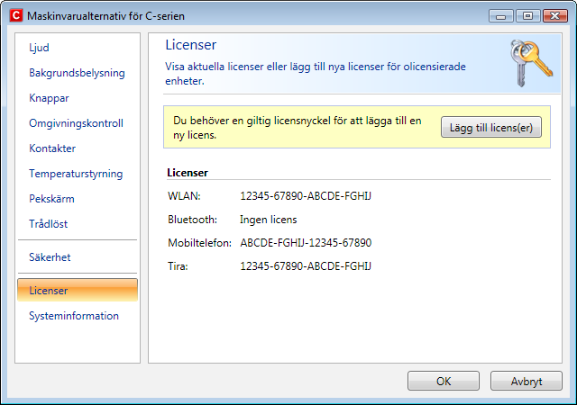 5.14 Licenshantering Så här lägger du till och/eller visar befintliga licenser: Klicka på Maskinvarualternativ för C-serien > Licenser. Så här lägger du till en licens: 1.