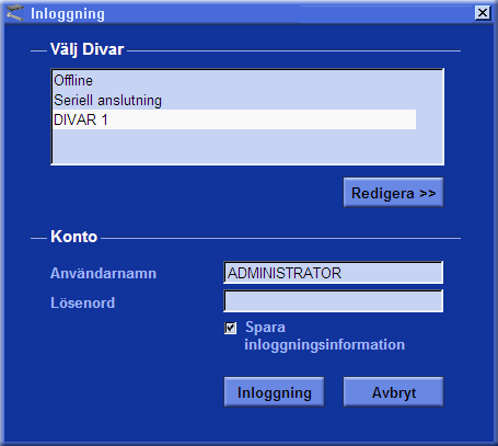 Divar Installationshandbok Använda Configuration Tool SV 6-3 Hur du loggar in När du startar Configuration Tool som ett fristående program via ett nätverk visas fönstret Login (logga in).