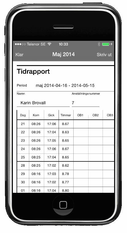 Çrona Lön Handbok III Rapportera Entré Visa tidrapporten direkt i appen Arbetsledare Loggar man in som arbetsledare visas alla medarbetars stämplingar i en vy, dag för dag.