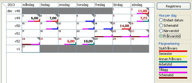 Çrona Lön Handbok III Rapportera Entré Crona Lön Kalendarie När du importerat filen/filerna kan du se resultatet i Kalendariet. Alla dagar som har importerats har fått ett litet grått hörn markerat.