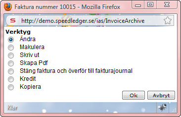 Du får då upp en meny där du kan välja Ändra för att öppna fakturan i editorn och där fortsätta justera fakturan. Vanligast är dock att skicka ut fakturorna som de är från början.