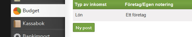 Lägga upp en budgetplan Lägg till en post med knappen Ny post under respektive kategori (inkomst, utgift, sparande).