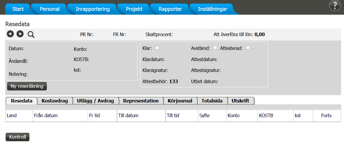 AGDA Webb Enskild användare registrera reseräkning 2 Registrera reseräkning När du ska registrera en ny reseräkning så väljer du: - Inrapportering - registrera reseräkning -