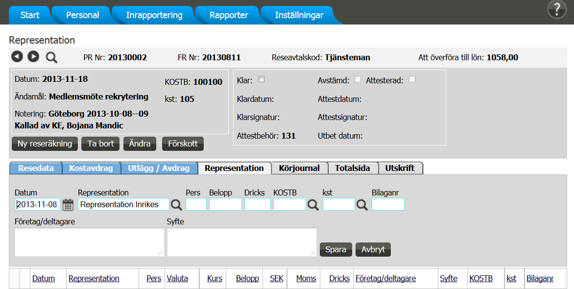 AGDA Webb Enskild användare registrera reseräkning 7 Representation Klicka på spara efter att du är klar med dina utlägg för representation.