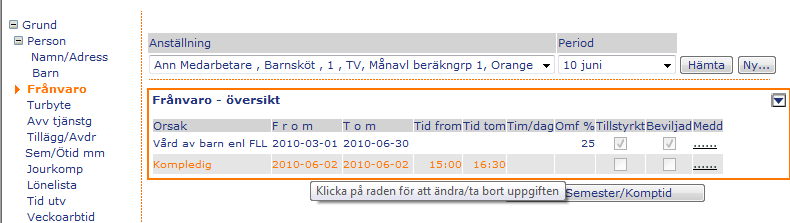 Klicka på Ny. Under pilen på Frånvaroorsak väljer du anledning till frånvaron. Fyll i Datum from och Datum tom. Datum tom måste alltid anges, annars blir ledigheten tillsvidare.