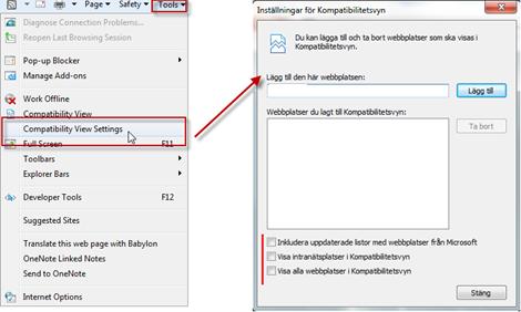 Korrekt inställning. Bild 2 Felaktig inställning. 1.1.1 Inställningar för kompatibilitetsvyn edwise ska INTE visas i kompatibilitetsläge.