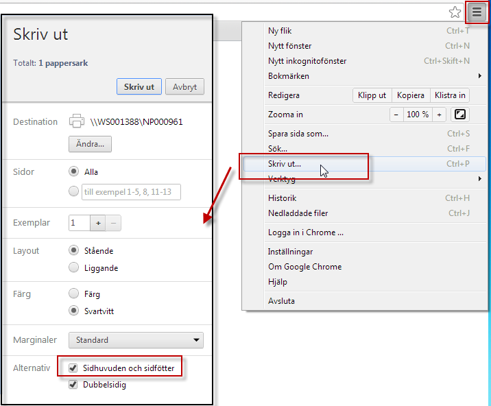 Sida 19/22 1.8.2 Inställningar i Firefox 1. Välj Firefox filken och Skriv ut. 2. Välj Utskriftsformat och fliken Marginaler och Sidhuvud/sidfot. 3.