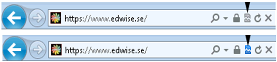 Kompabilitetsläget aktiveras även automatiskt om webbläsaren klassar edwise som zonen Lokalt intranät. Bilden nedan visar IE 9 och 10 och att kompabilitetsläget är korrekt avslaget.