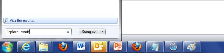 För att verifiera att det är problemet kan du göra följande för att köra Internet Explorer utan Addons/Extensions: 1. Tryck på Windows Start-knapp och skriv: iexplore extoff. 2.