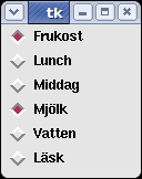 Gruppera radioknappar # radiobutton01.py from Tkinter import * def onmealclick(): print mealvar.get() def ondrinkclick(): print drinkvar.