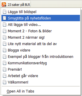 Resultatet Nu bör det aktiva bokmärket ligga i verktygsfältet. Illustration 6: Det nya aktiva bokmärket har den orange standardikonen för nyhetsflöden.