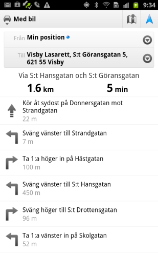 Nu visas kartan där startposition och slutdestination är markerade och vägen mellan dem