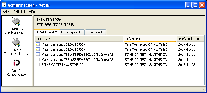 datorn Befintliga certifikat på ett kort visas i NetID. - Telias två certifikat.