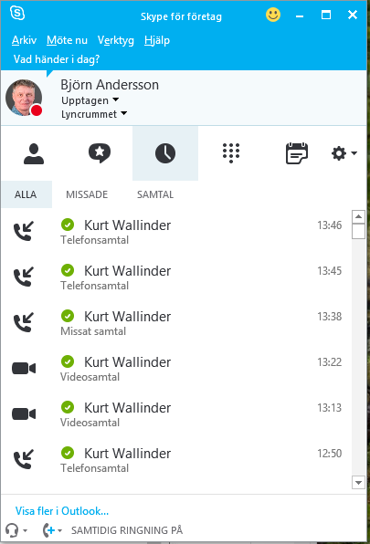 Samtalshistorik i Skype för företag Du kan också visa alla samtal, missade samtal och samtal