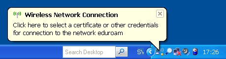 Klicka sedan på OK i kvarvarande öppna fönster. Om man är i närheten av en eduroam basstation kommer det att visas en text nere till höger med uppmaning om att logga på eduroam trådlöst nätverk.