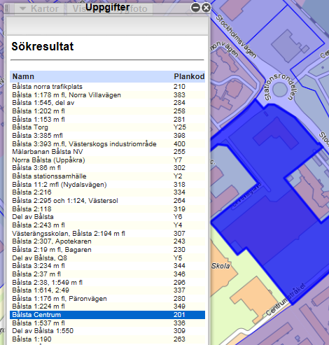 8 Sök detaljplan Man kan söka detaljplaner via sökord eller plannummer. Klicka på Sök detaljplan. Skriv in sökord, t.ex. Bålsta, och klicka på Sök.