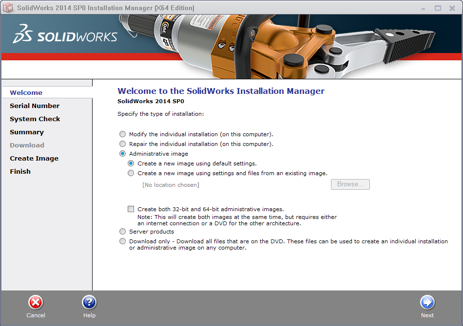 Skapa administrativ image för SolidWorks 2014 Installationsprogrammet (Installation Manager) startar automatiskt när du sätter in SolidWorks DVD i DVDläsaren.