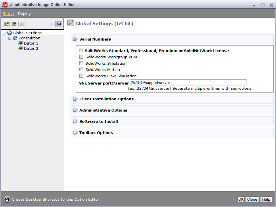 Steg 7 Globala inställningar För att ändra nedanstående steg, klicka här. 7.1 Serienummer 7.2 Installations alternativ 7.3 Administrativa inställningar 7.4 Program att installera 7.