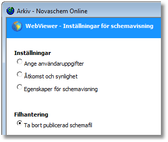 Manual WebViewer 11 3 Publicera schemafil När din schemafil publiceras blir den kopierad till WebViewer-servern och görs därigenom tillgänglig för alla användare av WebViewer. 3.1 Utför publicering För att kunna publicera schemafil direkt från Novaschem krävs att Internet Explorer 6 eller senare är installerat på datorn.