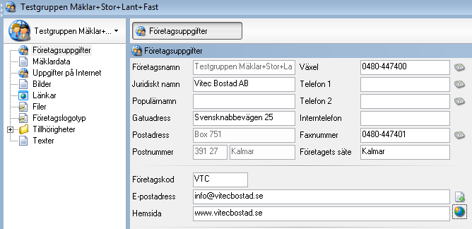 Länk till hemsida Om du vill länka till din hemsida från e-postbrevet kan du göra det genom att lägga in adressen på det interna företaget i Säljstöd. (Klicka på Hjälp Om och sedan på företagsnamnet.